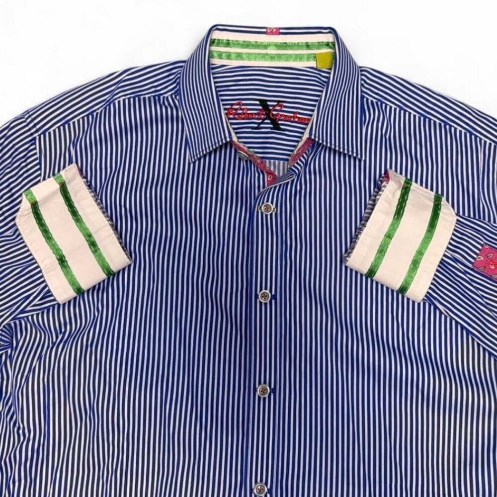 Robert Graham Men's Blue and White Stripe Long Sleeve Button Down Medium Preppy